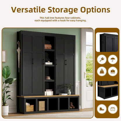 Farmhouse Hall Tree with Bench & 6 Hooks, 62.9 W Shoe Storage, Entryway Organizer for Mudroom, Living Room