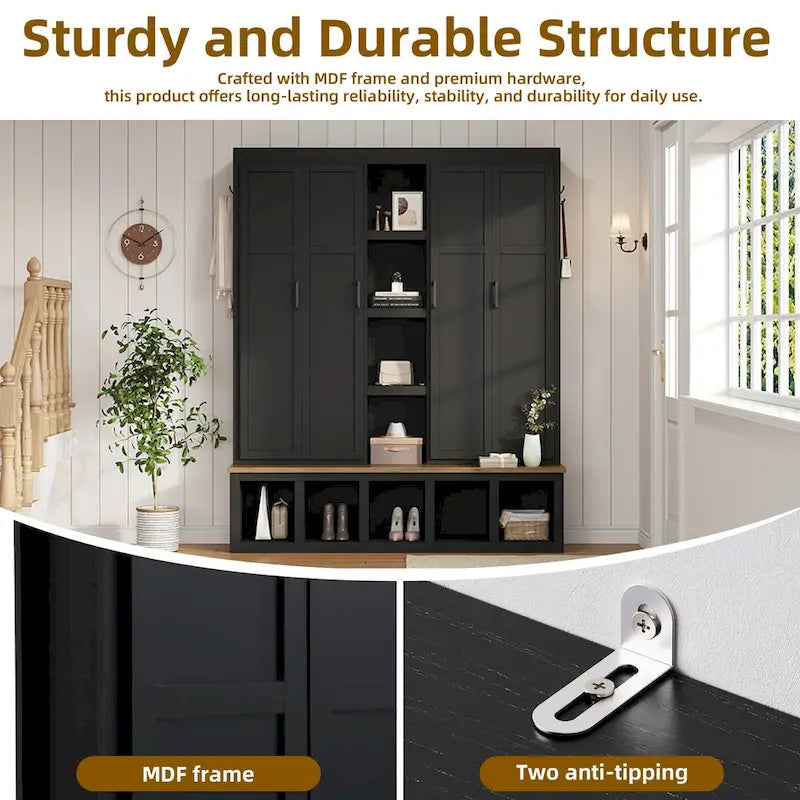 Farmhouse Hall Tree with Bench & 6 Hooks, 62.9 W Shoe Storage, Entryway Organizer for Mudroom, Living Room
