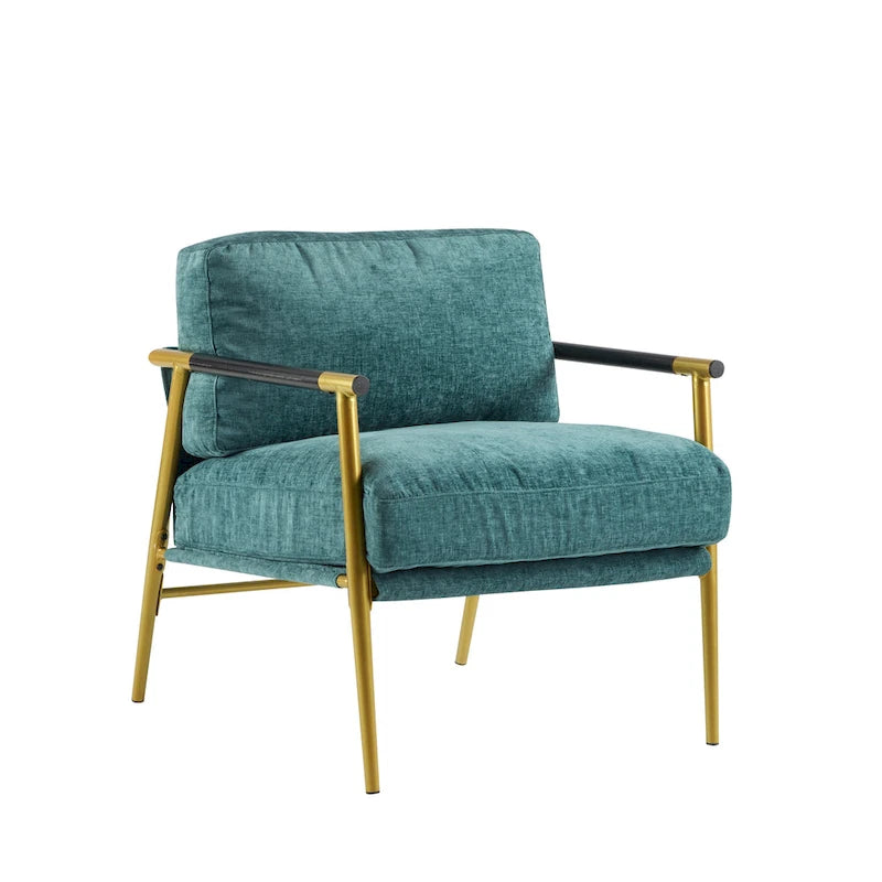 Modern Accent Chair with Plush Cushions, Minimalist Metal Frame, and Wooden Armrest Design