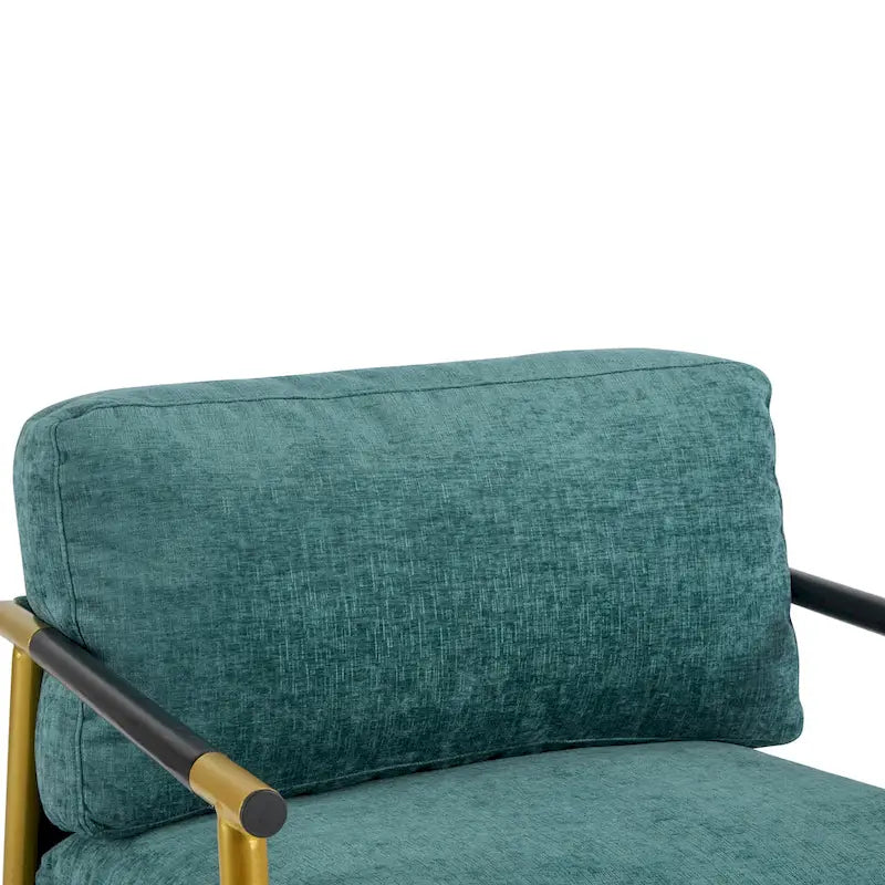 Modern Accent Chair with Plush Cushions, Minimalist Metal Frame, and Wooden Armrest Design