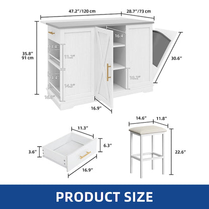 Moasis Rolling Kitchen Island with Trash Can Storage Cabinet and 2 Bar Stools