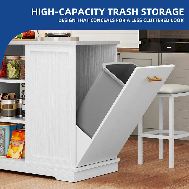 256982 Moasis Rolling Kitchen Island with Trash Can Storage Cabinet and 2 Bar ...