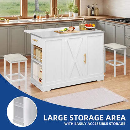 Moasis Rolling Kitchen Island with Trash Can Storage Cabinet and 2 Bar Stools