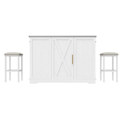 Moasis Rolling Kitchen Island with Trash Can Storage Cabinet and 2 Bar Stools