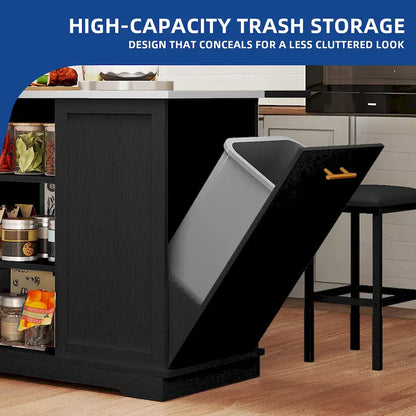 Moasis Rolling Kitchen Island with Trash Can Storage Cabinet and 2 Bar Stools