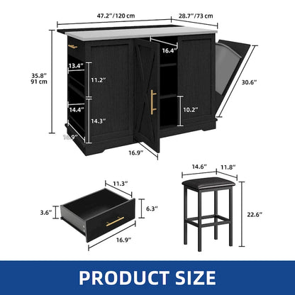 Moasis Rolling Kitchen Island with Trash Can Storage Cabinet and 2 Bar Stools