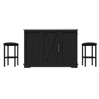 Moasis Rolling Kitchen Island with Trash Can Storage Cabinet and 2 Bar Stools
