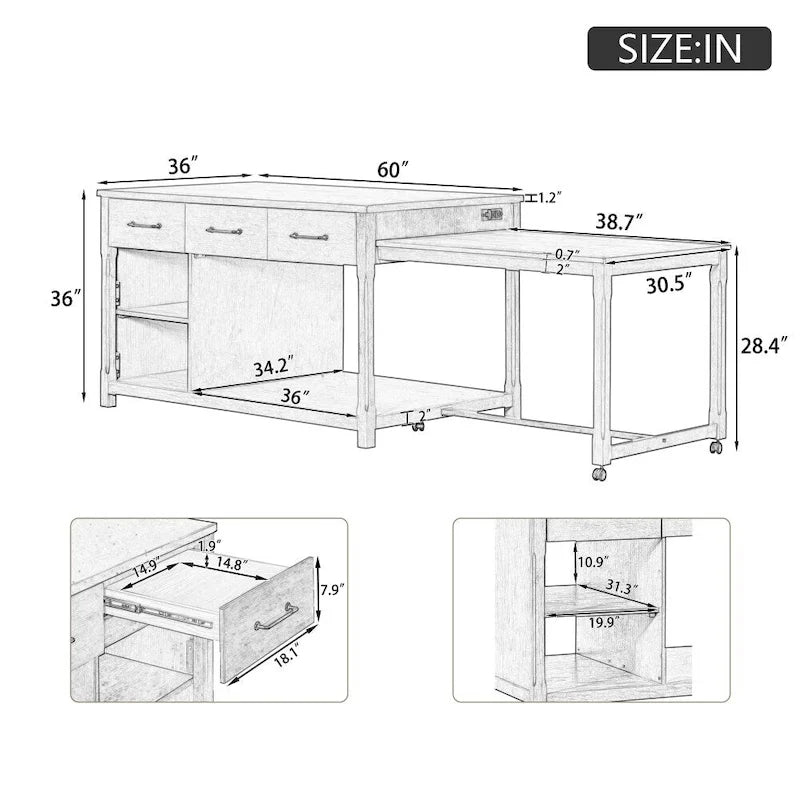 Retro Wooden Extendable Kitchen Island with Built-in Power Outlets and Drawers