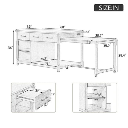 Retro Wooden Extendable Kitchen Island with Built-in Power Outlets and Drawers