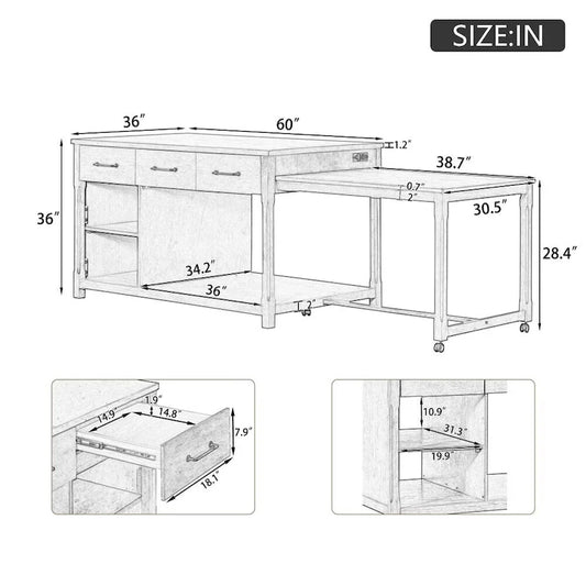 Retro Wooden Extendable Kitchen Island with Built-in Power Outlets and Drawers