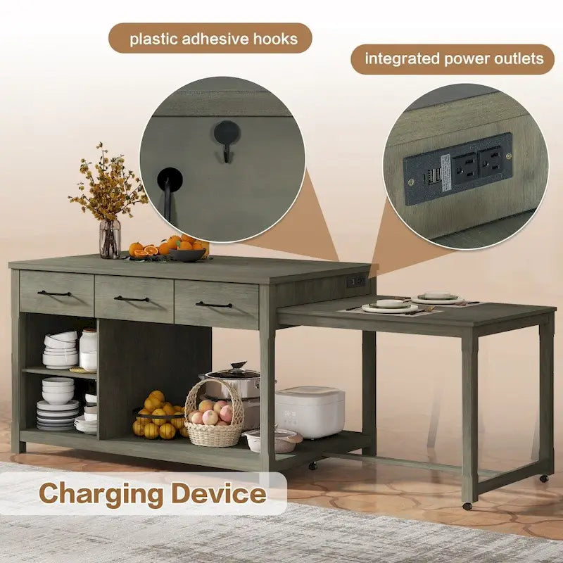 Retro Wooden Extendable Kitchen Island with Built-in Power Outlets and Drawers