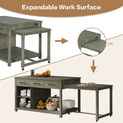 Retro Wooden Extendable Kitchen Island with Built-in Power Outlets and Drawers