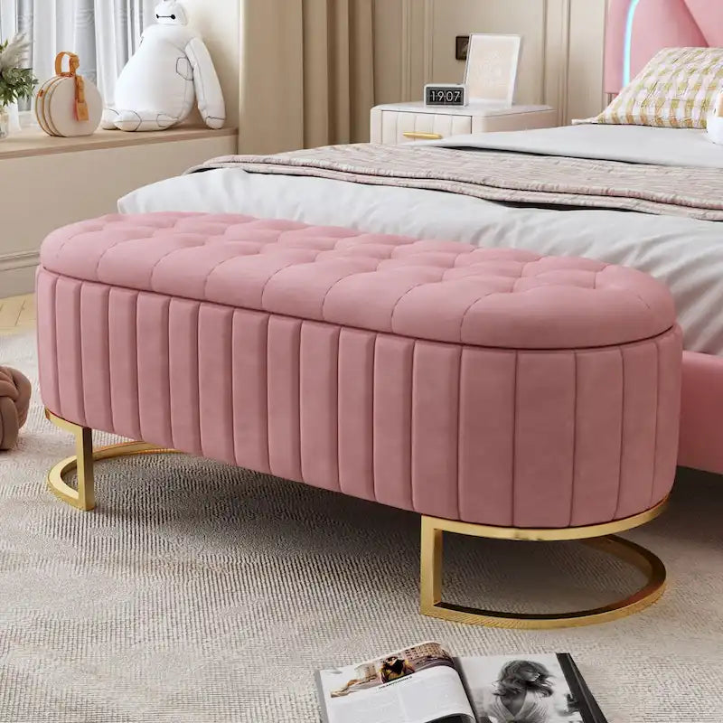 Roomfitters Elegant Velvet Storage Ottoman with Button-Tufted Design, Upholstered Bench with Metal Legs for Bedroom