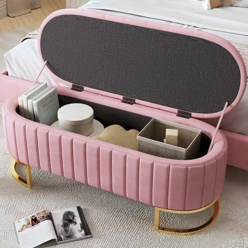 Roomfitters Elegant Velvet Storage Ottoman with Button-Tufted Design, Upholstered Bench with Metal Legs for Bedroom