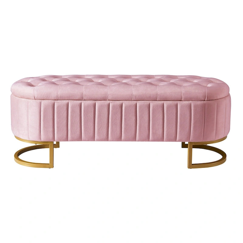 Roomfitters Elegant Velvet Storage Ottoman with Button-Tufted Design, Upholstered Bench with Metal Legs for Bedroom