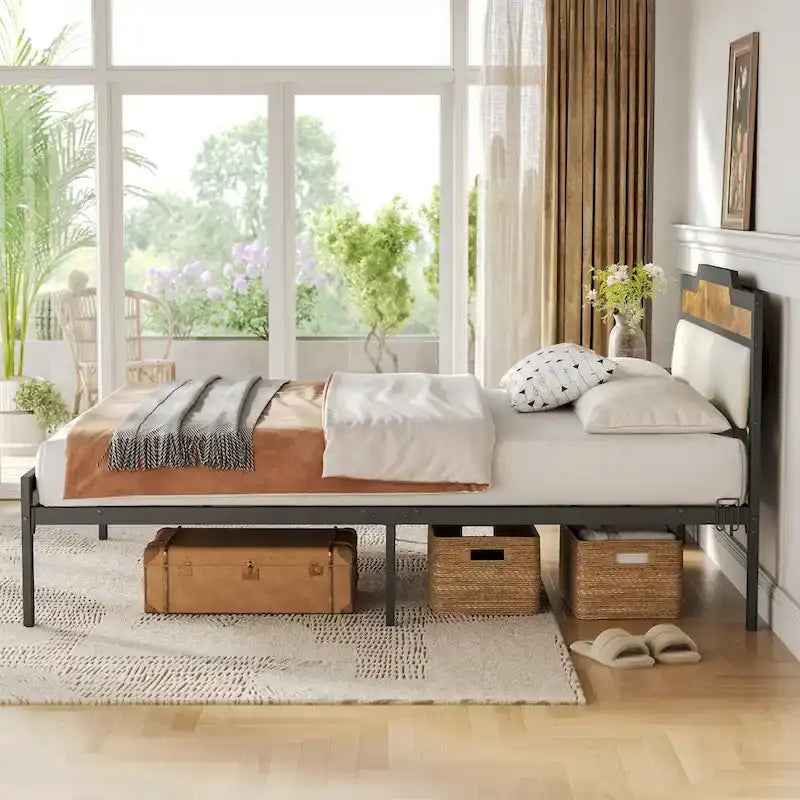 Queen Size Bed Frame with Headboard and Footboard, Under-bed Storage, Brown
