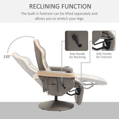 PU Leather Manual Recliner Chair with 135 Recline, Adjustable Footrest, 360 Swivel, Cup Holders and Storage Pockets