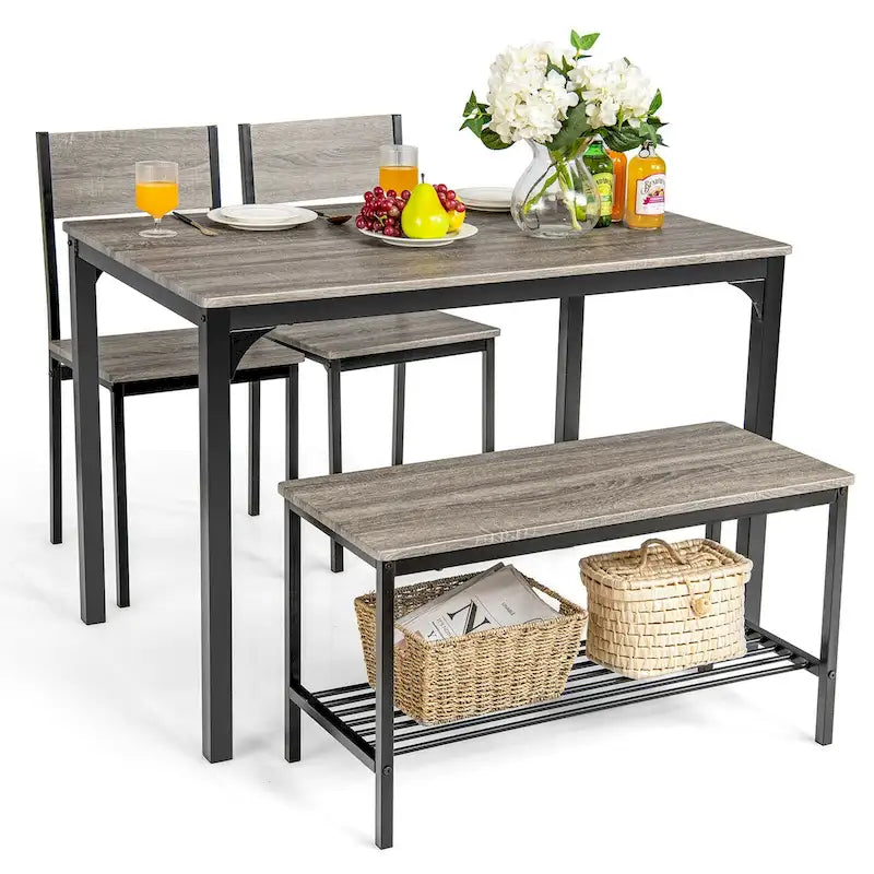 Gymax 4pcs Dining Table Set Rustic Desk 2 Chairs & Bench w/ Storage - See Details