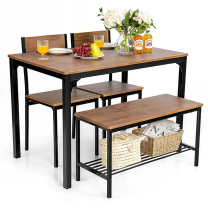 Gymax 4pcs Dining Table Set Rustic Desk 2 Chairs & Bench w/ Storage - See Details