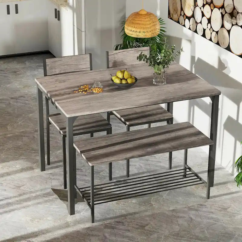 Gymax 4pcs Dining Table Set Rustic Desk 2 Chairs & Bench w/ Storage - See Details