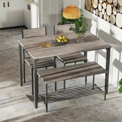 Gymax 4pcs Dining Table Set Rustic Desk 2 Chairs & Bench w/ Storage - See Details