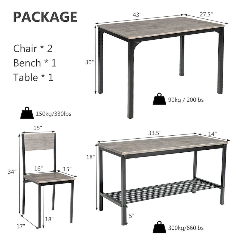 Gymax 4pcs Dining Table Set Rustic Desk 2 Chairs & Bench w/ Storage - See Details