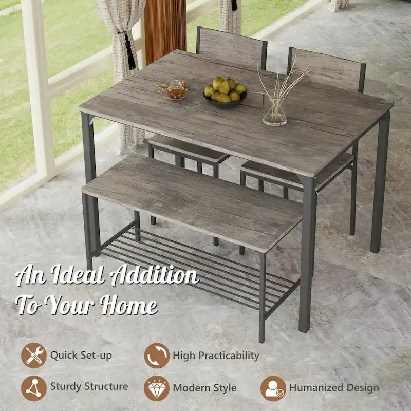 Gymax 4pcs Dining Table Set Rustic Desk 2 Chairs & Bench w/ Storage - See Details