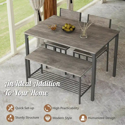 Gymax 4pcs Dining Table Set Rustic Desk 2 Chairs & Bench w/ Storage - See Details