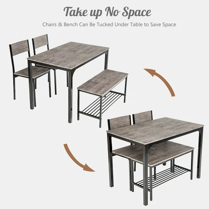 Gymax 4pcs Dining Table Set Rustic Desk 2 Chairs & Bench w/ Storage - See Details