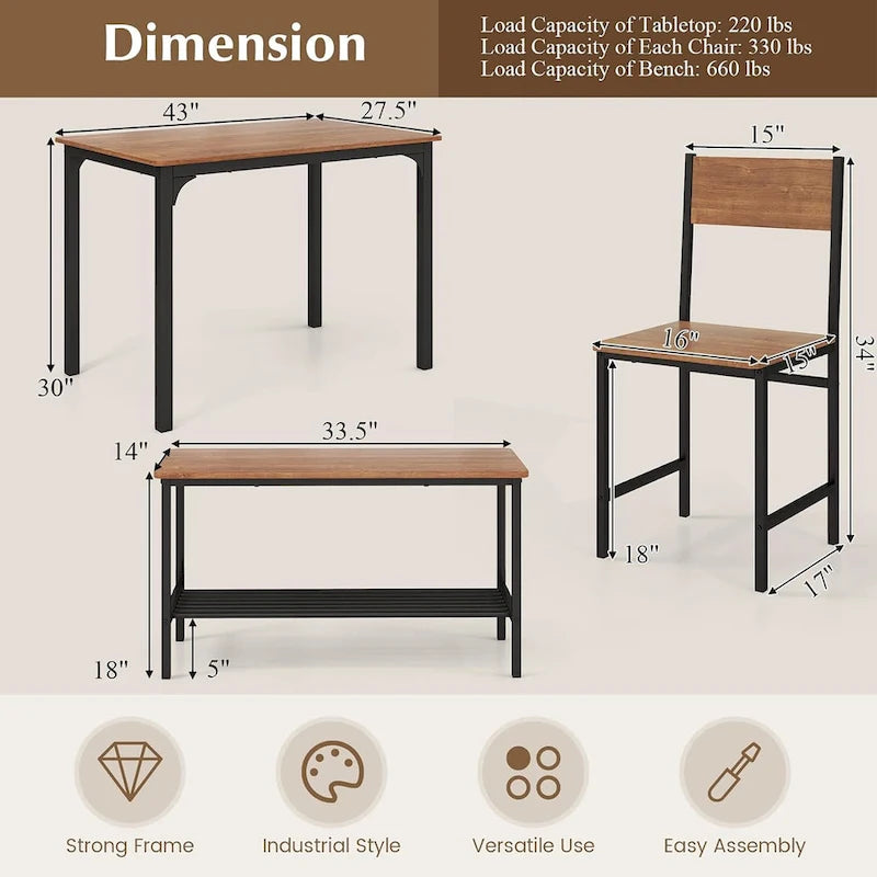 Gymax 4pcs Dining Table Set Rustic Desk 2 Chairs & Bench w/ Storage - See Details