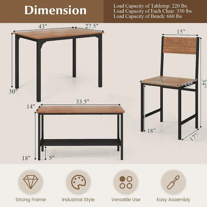 Gymax 4pcs Dining Table Set Rustic Desk 2 Chairs & Bench w/ Storage - See Details