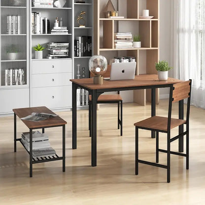Gymax 4pcs Dining Table Set Rustic Desk 2 Chairs & Bench w/ Storage - See Details