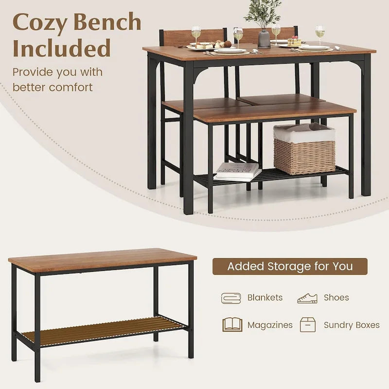 Gymax 4pcs Dining Table Set Rustic Desk 2 Chairs & Bench w/ Storage - See Details