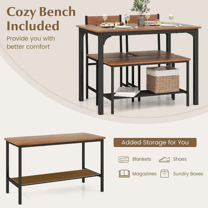 Gymax 4pcs Dining Table Set Rustic Desk 2 Chairs & Bench w/ Storage - See Details