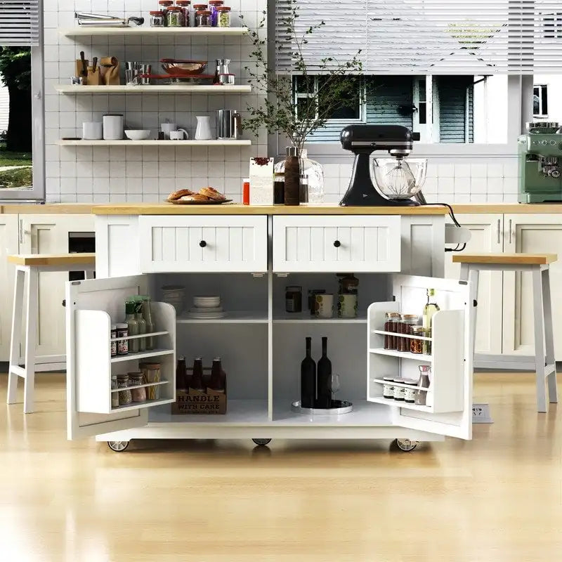 3-Piece/1-Piece Kitchen Island Set with/without 2 Barstools, Rolling Kitchen Storage Cart w/ 2 Drawers, Drop Leaf & 5 Side Racks