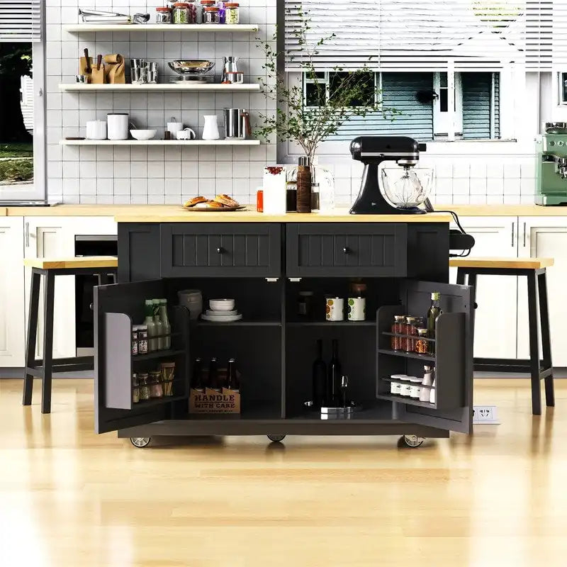 3-Piece/1-Piece Kitchen Island Set with/without 2 Barstools, Rolling Kitchen Storage Cart w/ 2 Drawers, Drop Leaf & 5 Side Racks
