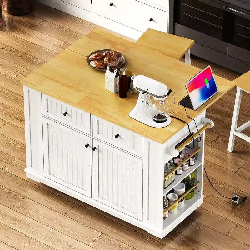 3-Piece/1-Piece Kitchen Island Set with/without 2 Barstools, Rolling Kitchen Storage Cart w/ 2 Drawers, Drop Leaf & 5 Side Racks