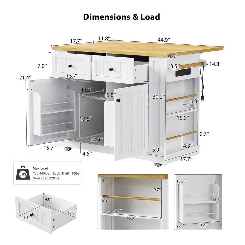 3-Piece/1-Piece Kitchen Island Set with/without 2 Barstools, Rolling Kitchen Storage Cart w/ 2 Drawers, Drop Leaf & 5 Side Racks