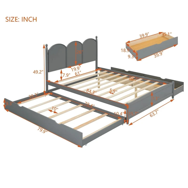 Queen Size Platform Bed with 2 Drawers, Multifunctional Storage Bed Frame with Twin XL Size Trundle