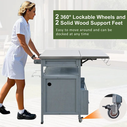 40.5 Outdoor Grill Cart with Stainless Steel Top, Rolling Buffet Serving Cart with Drop Leaf, Patio Kitchen Island Cart