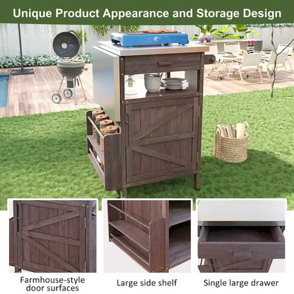 40.5 Outdoor Grill Cart with Stainless Steel Top, Rolling Buffet Serving Cart with Drop Leaf, Patio Kitchen Island Cart