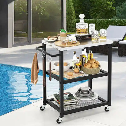 Gymax 3-tier Outdoor Grill Cart on Wheels w/ Stainless Steel Top &