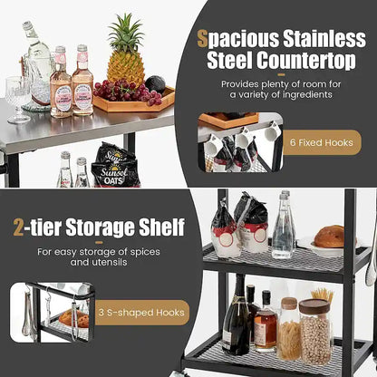 Gymax 3-tier Outdoor Grill Cart on Wheels w/ Stainless Steel Top &