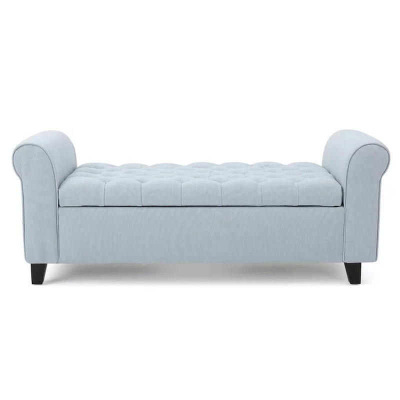 Storage Ottoman Bench, 50 Inch Light Blue, Rolled Arms, Black Wood
