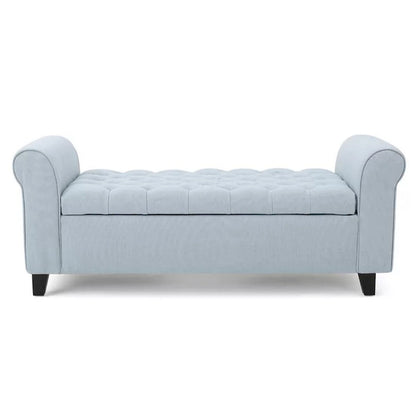 Storage Ottoman Bench, 50 Inch Light Blue, Rolled Arms, Black Wood