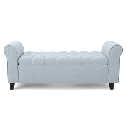 Storage Ottoman Bench, 50 Inch Light Blue, Rolled Arms, Black Wood