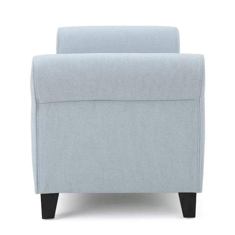 Storage Ottoman Bench, 50 Inch Light Blue, Rolled Arms, Black Wood