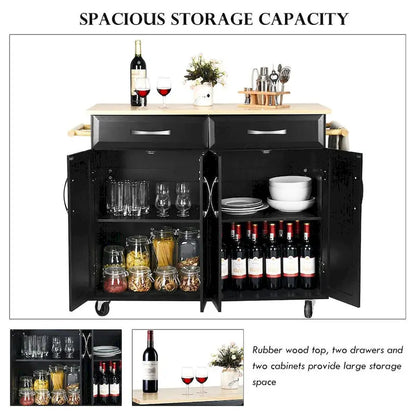 Costway Rolling Kitchen Trolley Island Black Cart Wood Top Storage