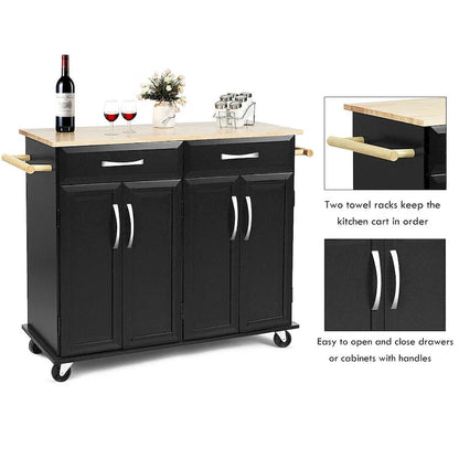 Costway Rolling Kitchen Trolley Island Black Cart Wood Top Storage