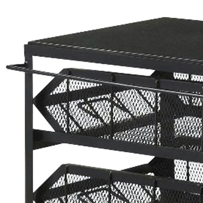 39 Inch Storage Cart, Lockable Caster Wheels, Wood Grain Details, Black